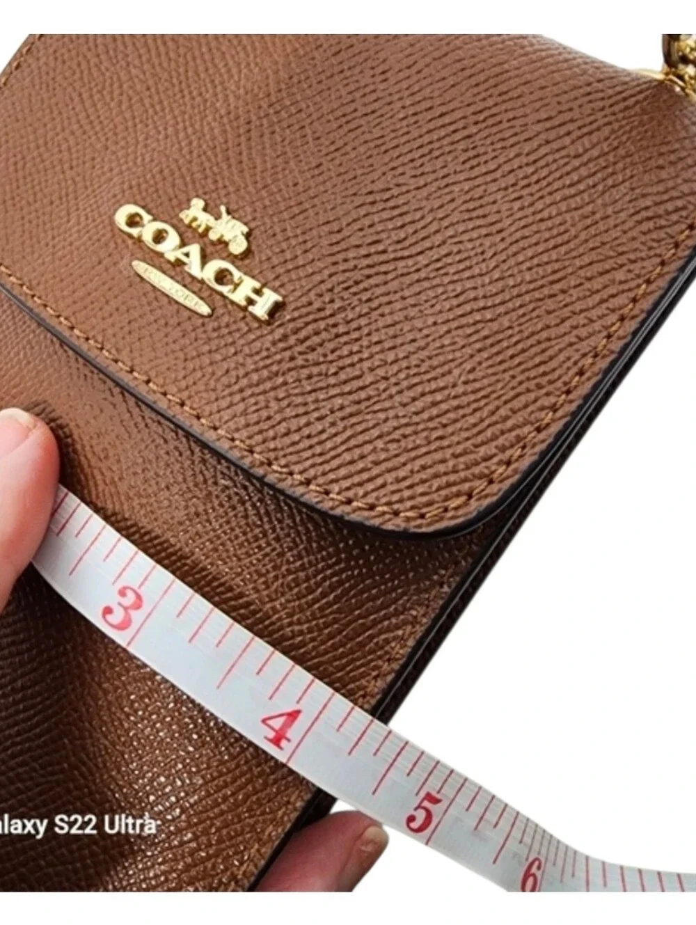 Coach Brown/Tan Leather Crossbody Phone Pouch Chain Strap Gold Hardware